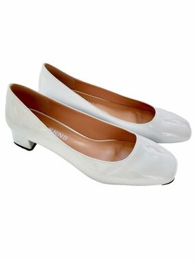 Wayderns White Size 9 Shoes Patent Leather Almond Toe Block Heel Pumps Ladies